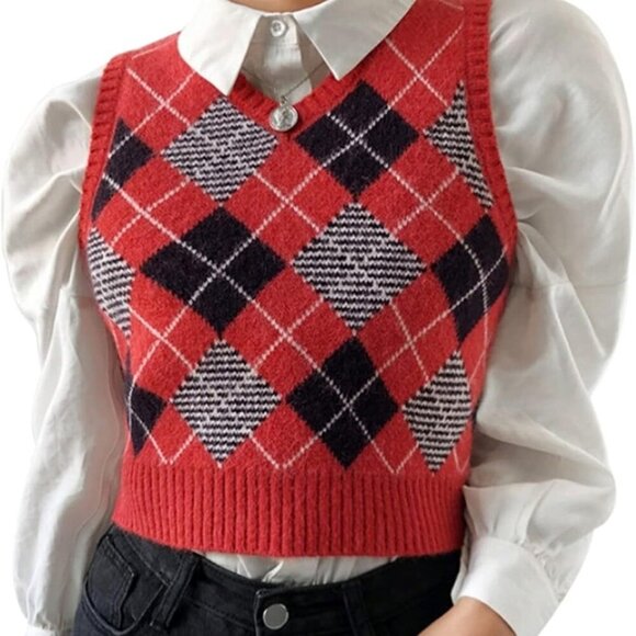 Women's Sweater Vest Knitted Crop Top Preppy 90s V-Neck Sleeveless